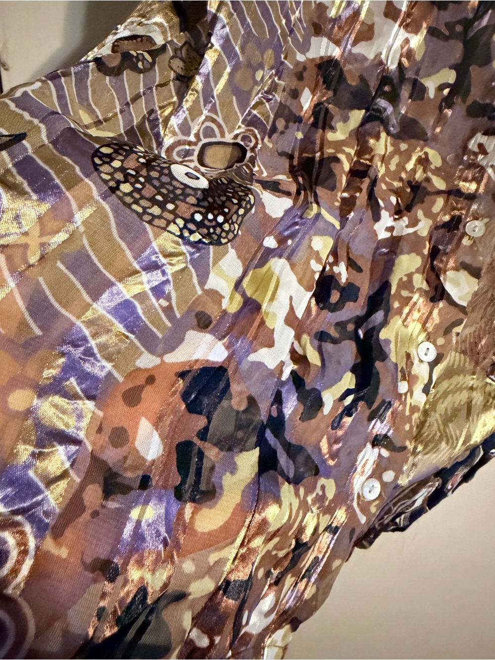 Metallic Abstract Sheer Button Up Blouse Y2K Artsy Euro Chic Top L - Picture 6 of 11